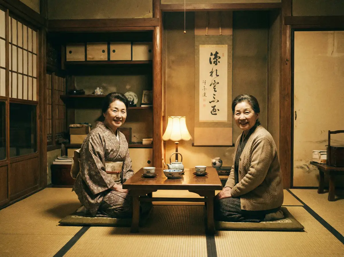 两位优雅的 无颜之月在线观看 在日式茶室中品茶交谈